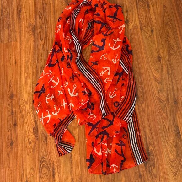 Twos company red white and blue anchor semi sheer large scarf shawl sarong/scarf - Picture 3 of 4
